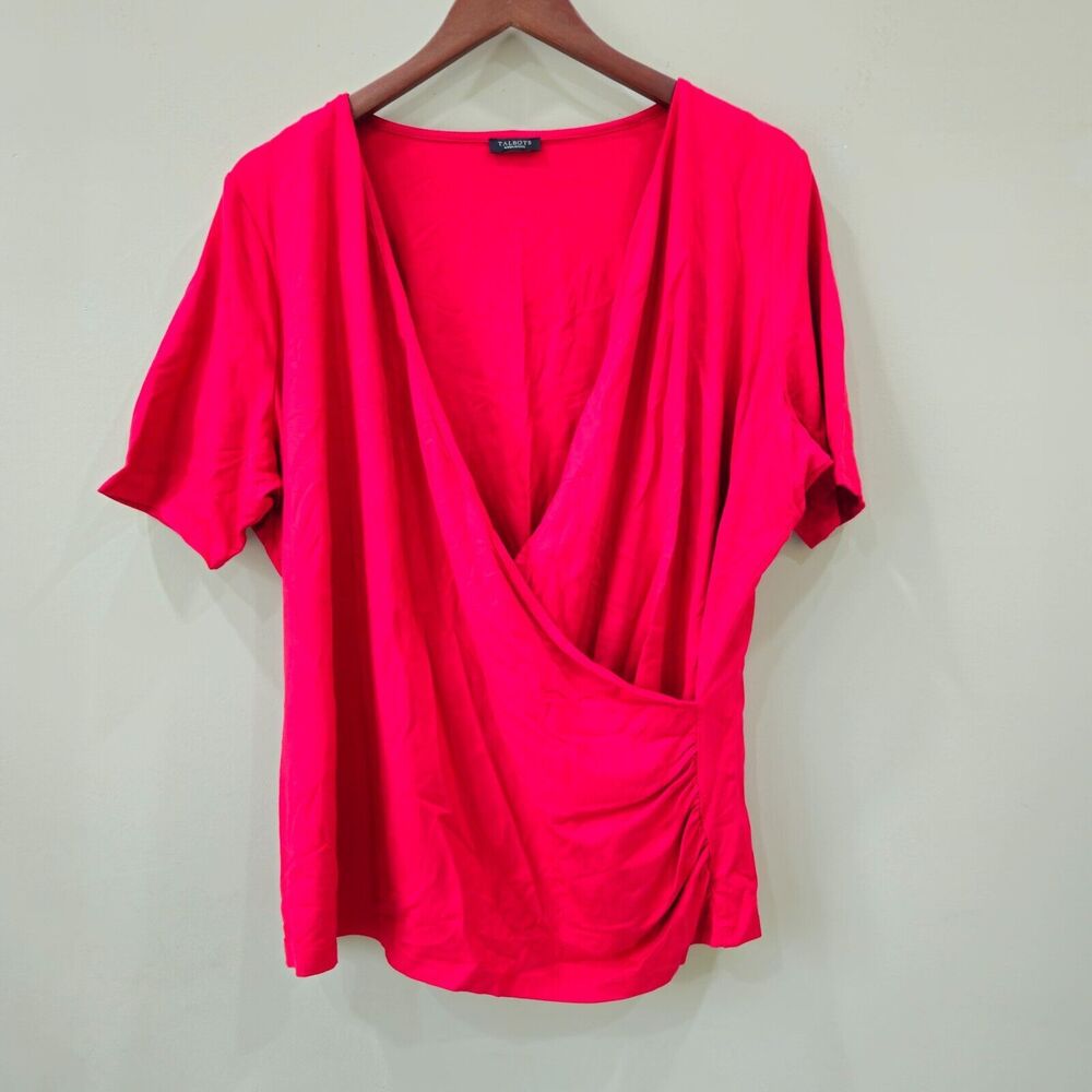Talbots Women's Wrap T-Shirt Petite Red Short Sleeve Ruched Comfort Casual Solid
